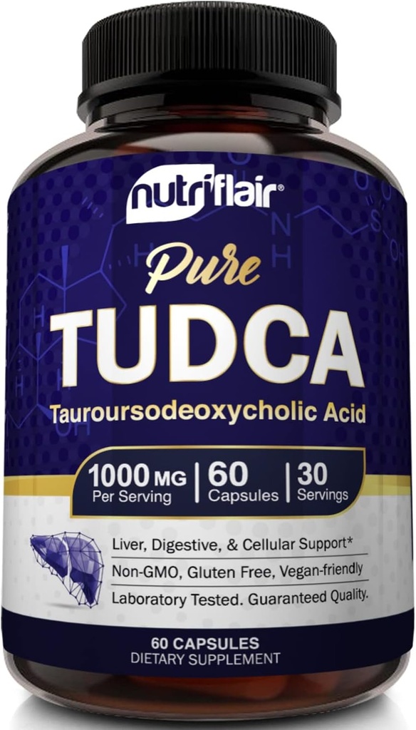 NutriFlair Pure TUDCA 1000mg - 프리미엄 Tauroursodeoxycholic Acid Bile Salts, Detox & Cleanse, Non-GMO, 글루텐 - 무료. Liver, Kidney & Gallbladder 지원 - 미국, 60 캡슐