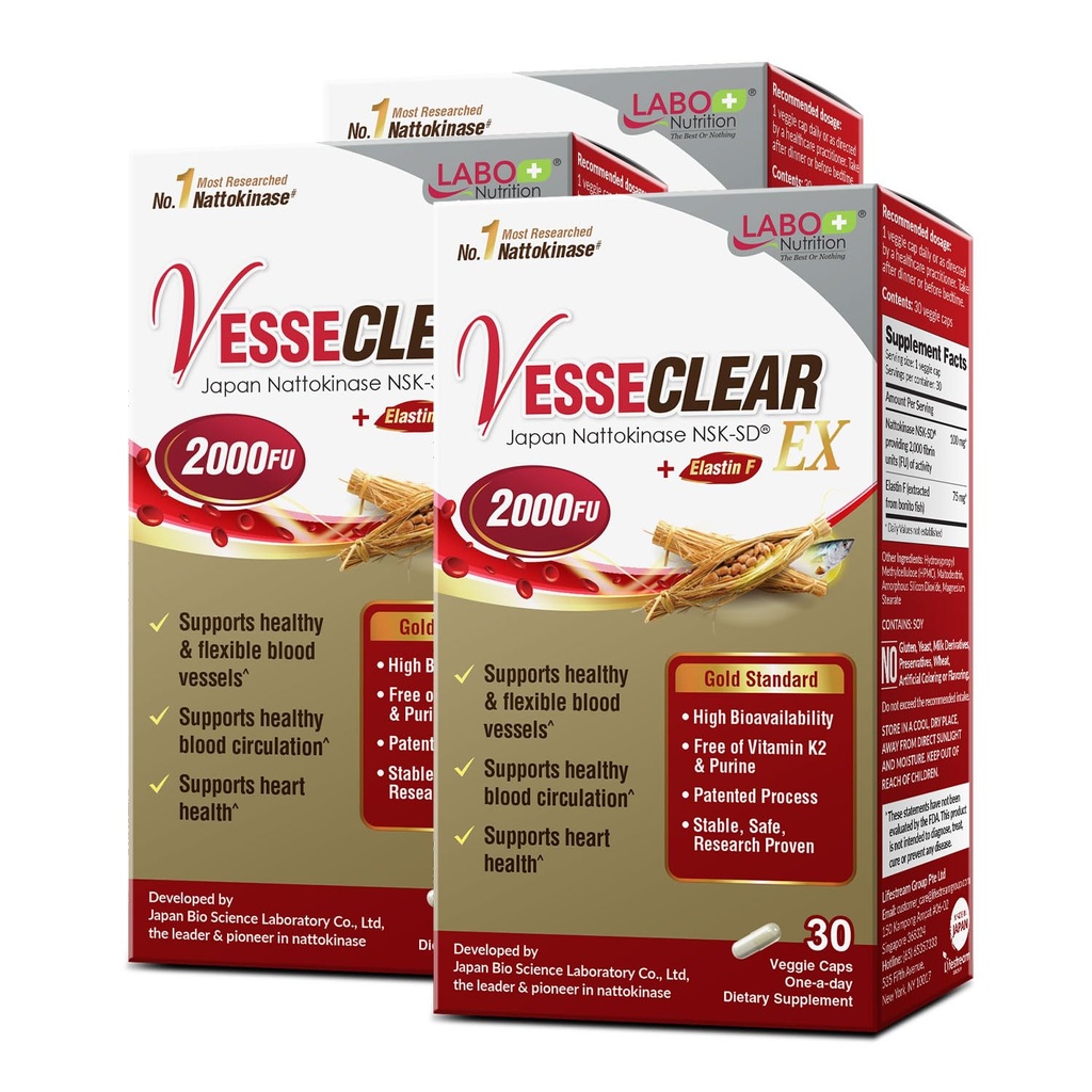 LABO 영양 VesseCLEAR EX: Nattokinase NSK-SD+Elastin F for Clean & Flexible Blood Vessel. 일본 대부분의 임상적으로 Studied, Functional Dose, Acid-Resistant/Delayed Release Capsules, 90 Count