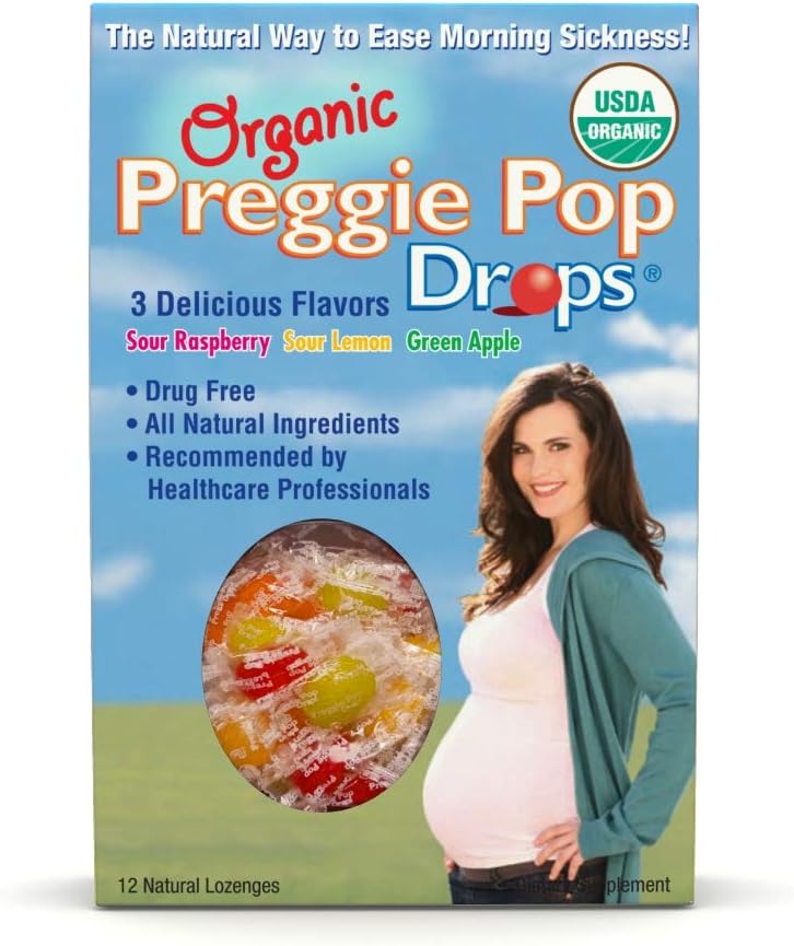 Organic Preggie Drops | 12 Drops 각 | 임신 중의 아침 매화 | 임산부 & 베이비 안전 | 글루텐 프리 | 3 가지 맛: 레몬, 라즈베리 & 그린 애플
