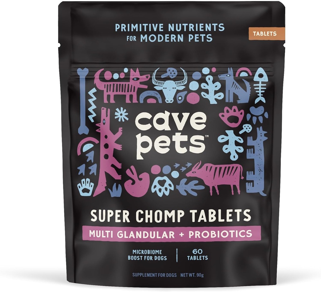 동굴 애완 동물, 슈퍼 Chomp 정제, Digestive Health, Multi-Glandular & Probiotics, 60 정제를위한 개 Probiotic 보충
