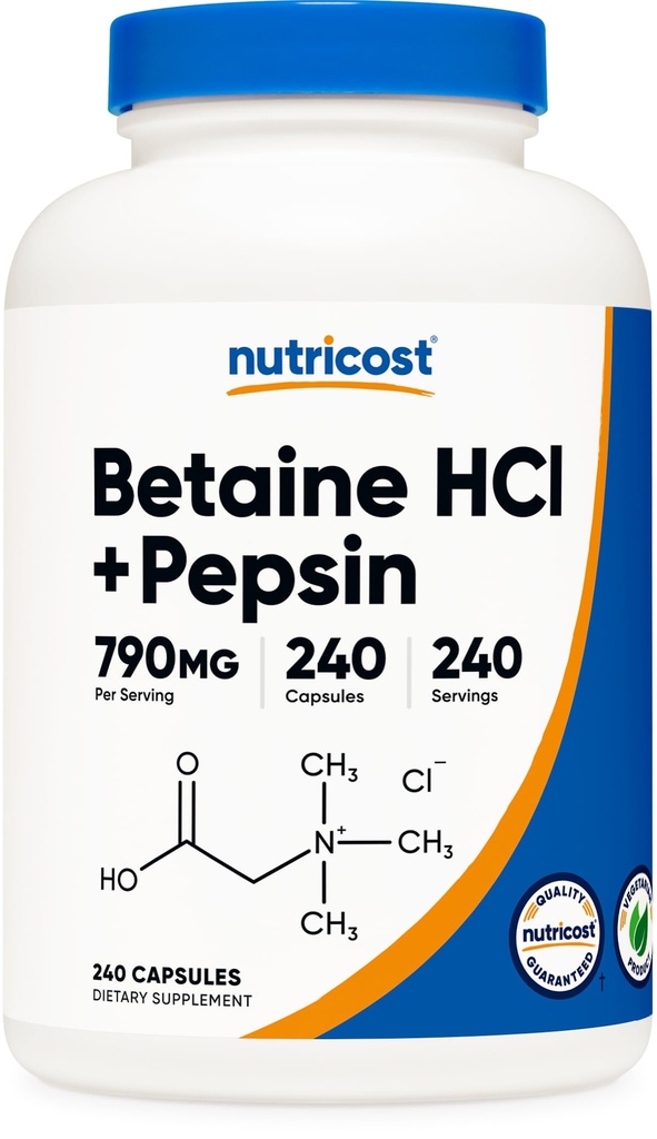 Nutricost Betaine HCl + Pepsin 790mg, 240 캡슐 - 채식 및 GMO 무료