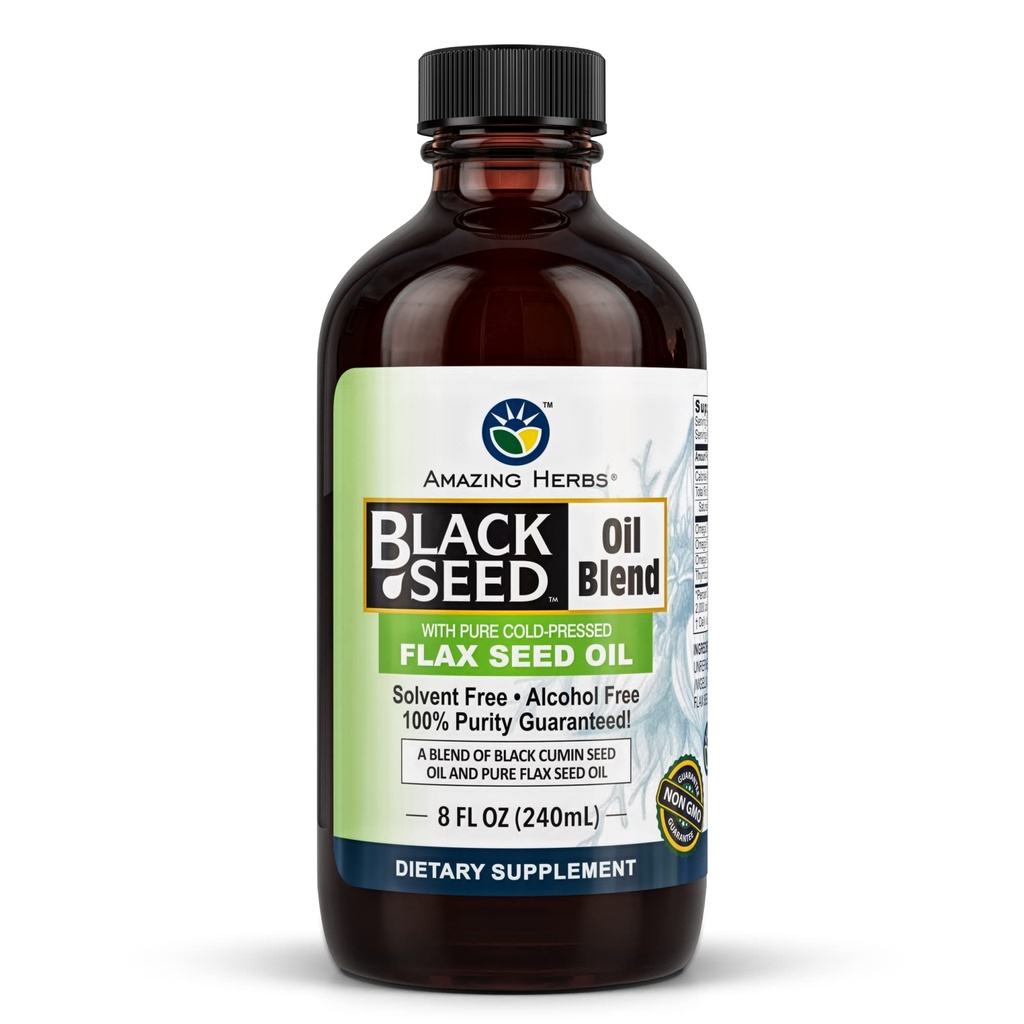 Amazing Herbs Cold-Pressed Black Seed and Flax Seed Oil Blend - 글루텐 프리, 비 GMO, 오메가 3, 6, 및 9, 관절, 뇌 및 심장 기능 지원 - 8 Fl Oz