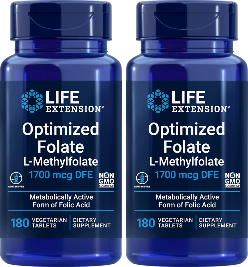 수명 연장 최적화 된 Folate (L-Methylfolate) 1700 mcg DFE, 180 Veg 정제 (팩 2)