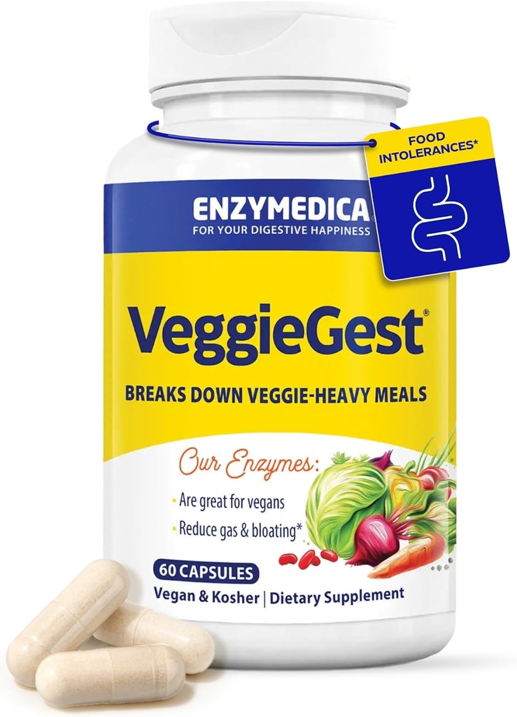 Enzymedica, VeggieGest, Digestive Enzymes, Vegan & Vegetarian Diets, Digestive Health, 60 Count에서 높은 섬유 식사에서 Occasional Gas & Bloating Relief 지원