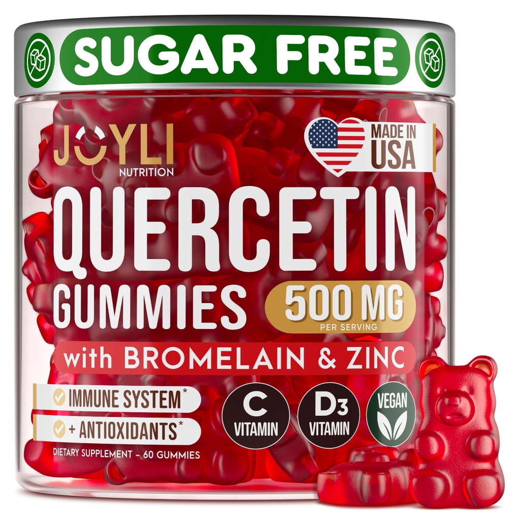 JOYLI Quercetin Gummies - Bromelain 아연 비타민 C & 비타민 D3 - 면역 체계 & 알레르기를 위한 Quercetin 보충교재 500MG - 아이와 성인을 위한 Quercetin - 60 Quercetin Chewable