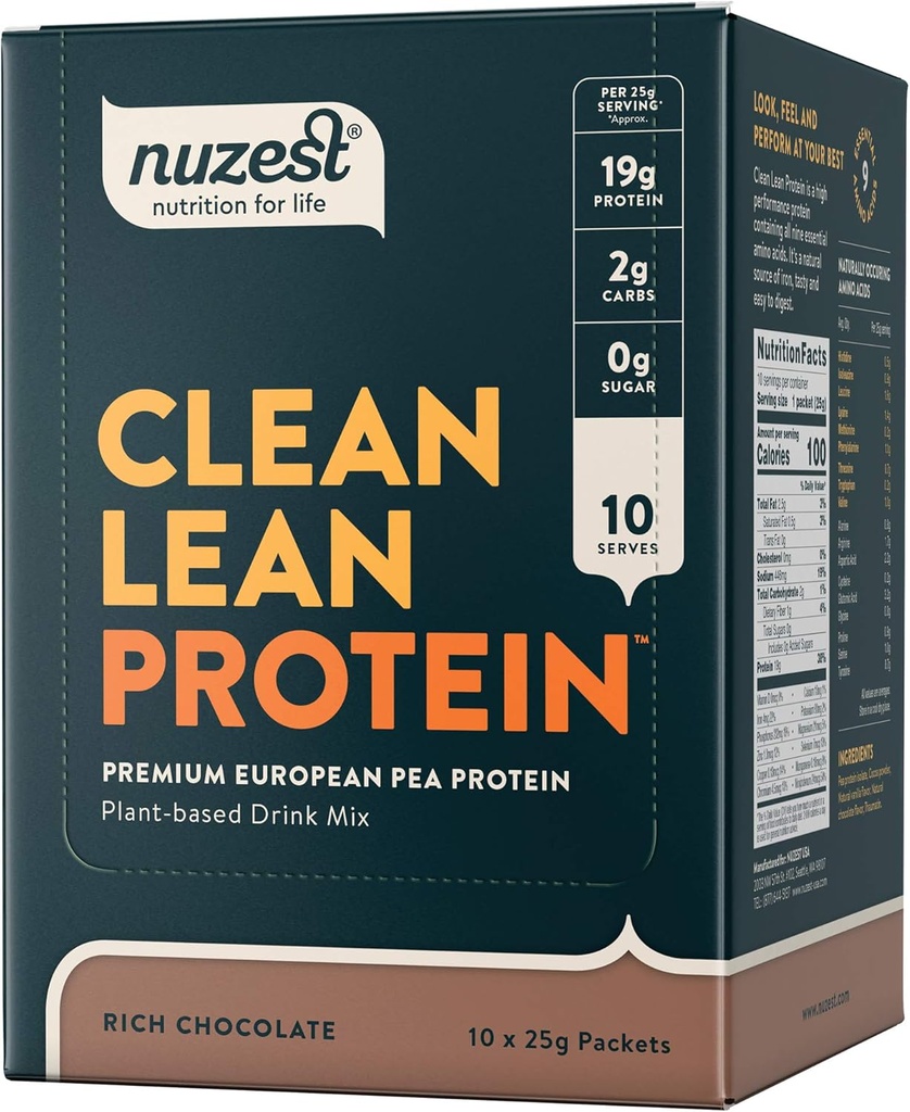 Nuzest - Pea Protein Powder - Clean Lean Protein, Premium Vegan Plant 기반 단백질 분말, Dairy Free, Gluten Free, GMO Free, Protein Shake, Rich Chocolate, 0.9 oz, (10 팩)