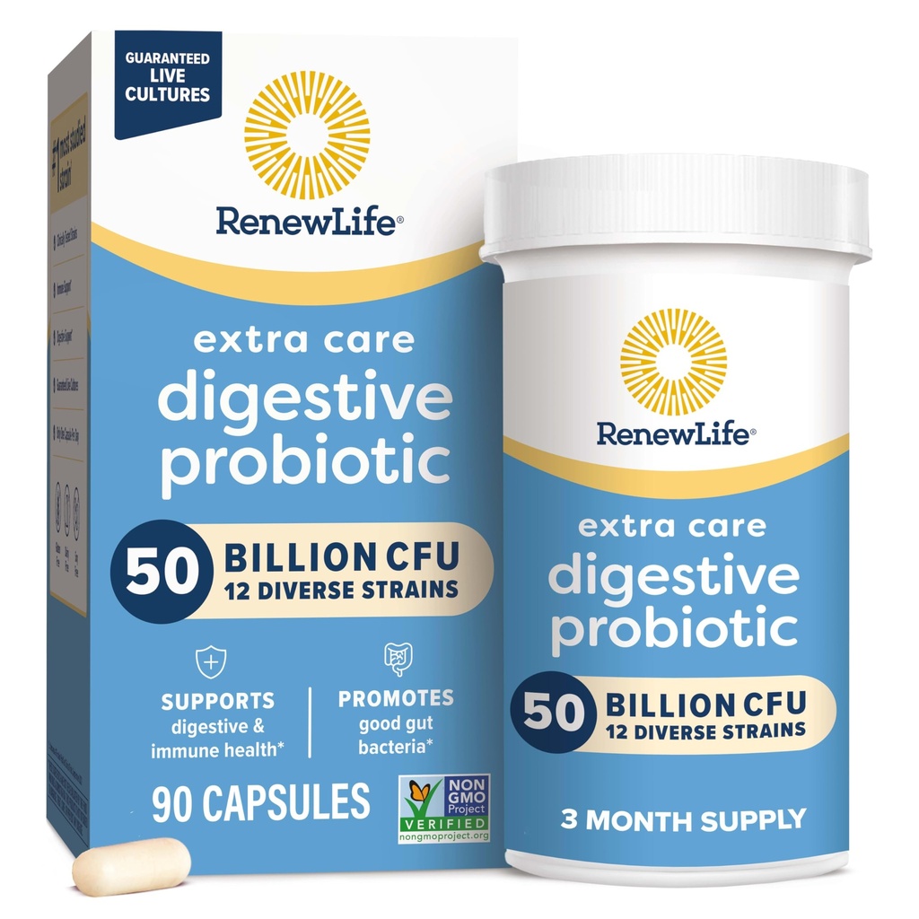 갱신 생활 여분 배려 소화 Probiotic 캡슐, 보장되는 50억 CFU, 매일 보충교재 지원 면역, 소화, 호흡 건강 (1), L. Rhamnosus GG, 낙농장, 간장 및 글루텐 자유로운, 90 조사