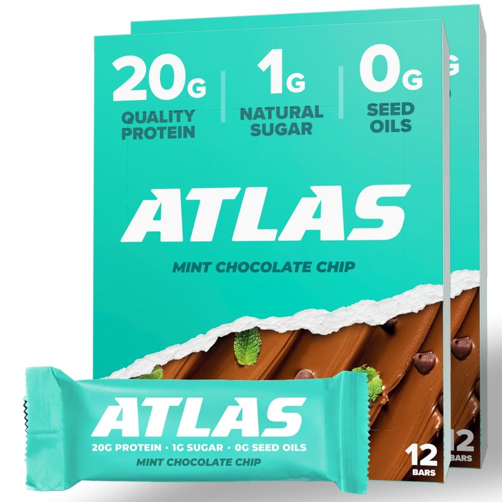 Atlas Protein Bar, 20g Protein, 1g Sugar, Clean Ingredients, 글루텐 프리, 민트 초콜릿 칩 (12 개, 팩 2)