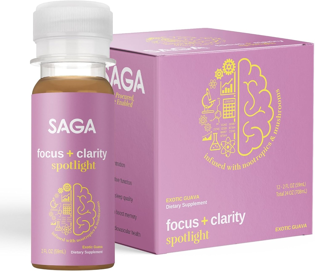 SAGA Organic Focus Shot | Nootropics, Adaptogens, & Mushrooms - Bacopa & Ashwagandha | High Bioavailability & Fast Onset | Jitters & Boost Productivity | 이국적인 Guava 2oz 샷 (12 팩)