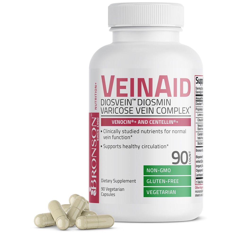 Bronson VeinAid Diosmin 1000mg DiosVein Varicose Vein Complex 와 Venocin & Centellin, 90 채식 캡슐