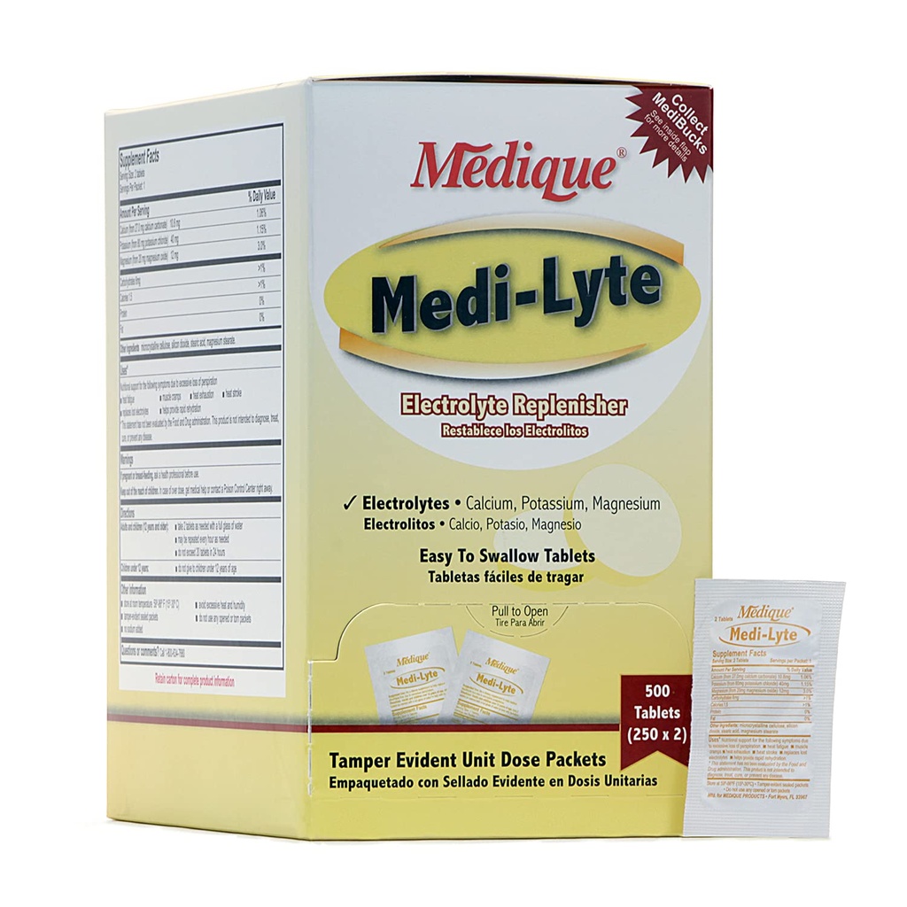 Medique Medi-Lyte Electrolyte Replenisher, Heat, Stress, Fatigue 및 Muscle Cramping의 빠른 구호, 삼키기 태블릿에 쉽게, 500 정제 (250 x 2)