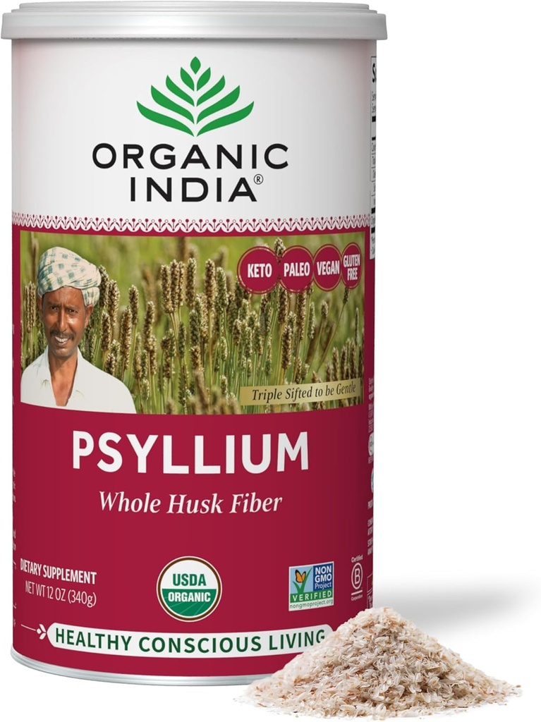 ORGANIC INDIA Whole Psyllium Husk 분말 유기 - Psyllium Husk 섬유 보충교재, 소화 지원, Vegan, 글루텐 자유로운, 비 GMO, 수용성 & 불용성 섬유 근원 - 12 oz (1의 포장)