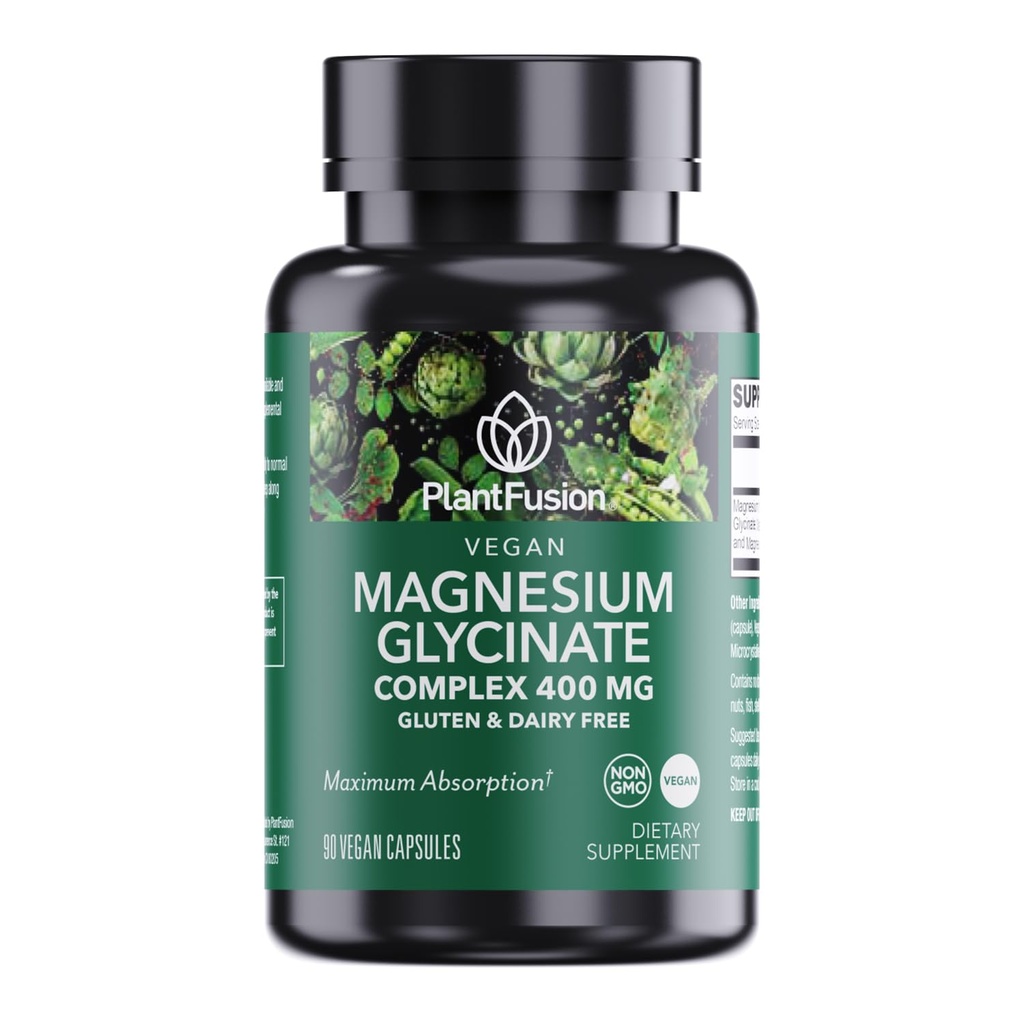 PlantFusion Vegan Magnesium Glycinate Complex 400 mg - 높은 흡수 및 생물 분해성 - 킬레이트 - 근육 Relaxation, 수면, 심장 건강, 스트레스 완화 및 에너지 생산 지원 - 비 GMO