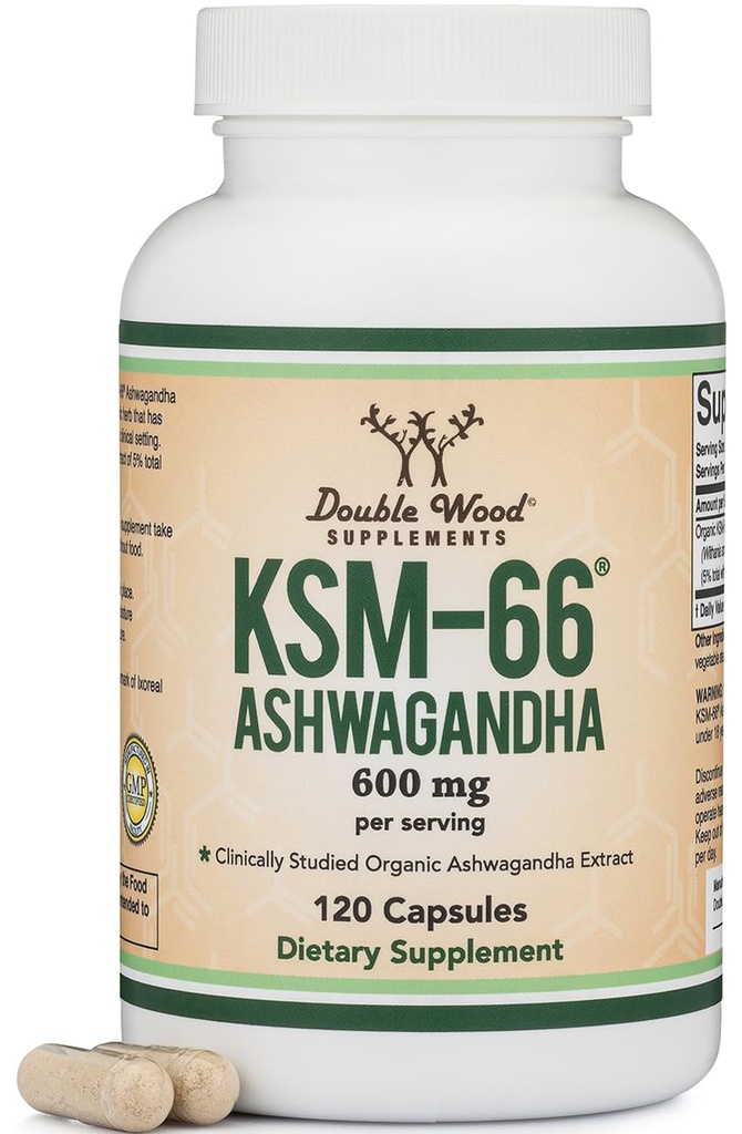 두 배 목제 보충교재 Ashwagandha KSM 66 유기와 임상으로 장식된 추출물 (포장 당 600mg, 120의 캡슐, 60의 서빙) Adaptogen Cortisol 매니저 여성과 남자