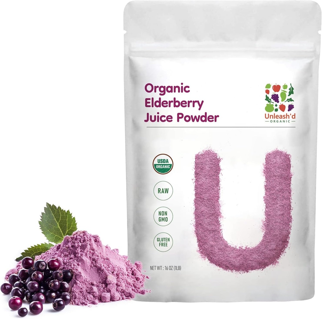 UNLEASH'D ORGANIC 유기 Elderberry 주스 분말 16 oz 100% 순수한 자연적인 녹색 음식, 산화 방지제와 Multivitamins, 높은 산화 방지제 효력, 반대로 염증에서 부유한