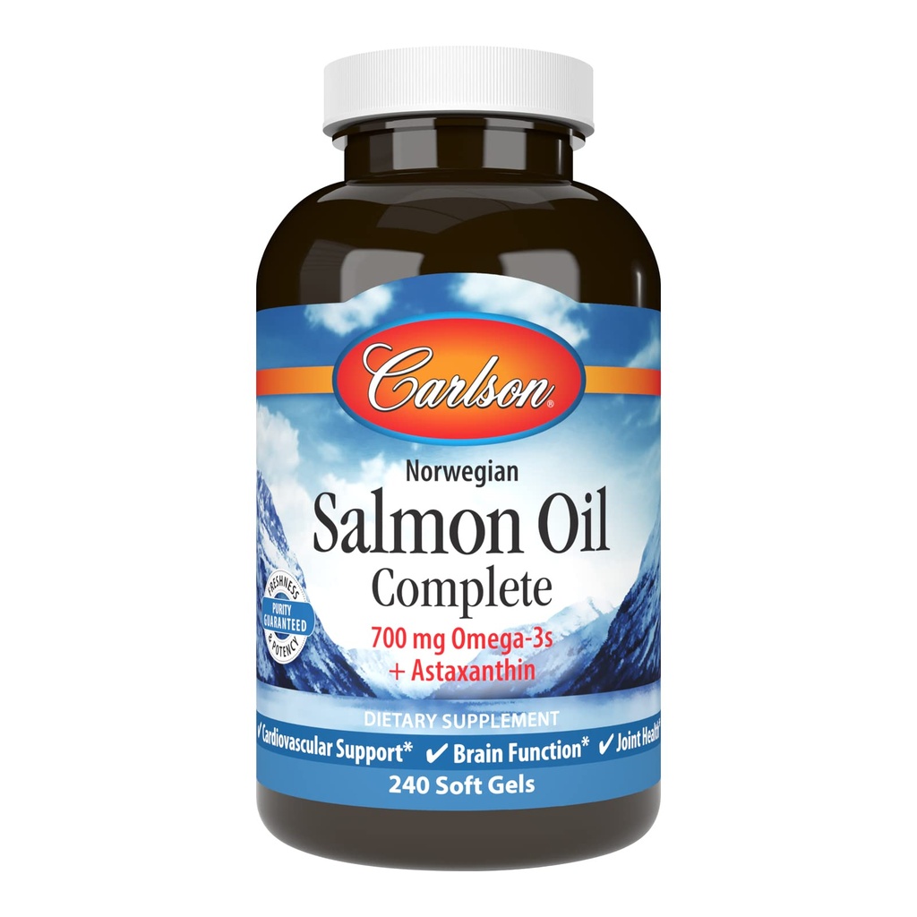 Carlson - Salmon Oil Complete, 700 mg Omega-3s + Astaxanthin, 심혈관 지원, 뇌 기능 & 합동 건강, 노르웨이, 240 Softgels
