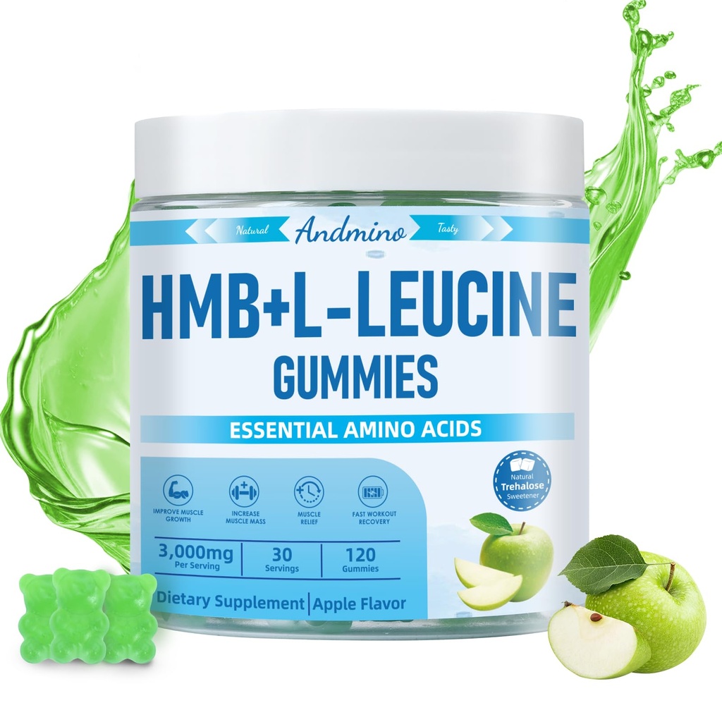 HMB 및 L-Leucine Gummies, 3000mg, Trehalose, 근육 성장, 근육 구호 및 운동 회복, 성인 및 노인, 비 GMO, 비건, 글루텐, 애플 맛, 120