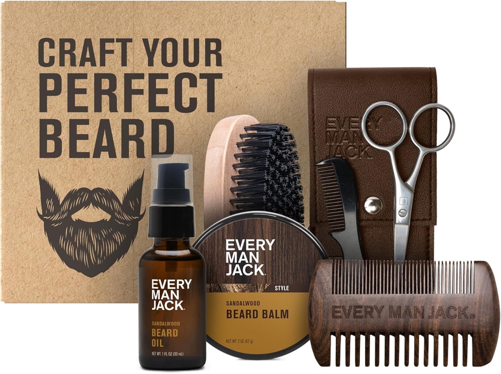 남자 잭 곰 팡이 키트 - 샌들 우드 Beard 오일 & Beard Balm, Beard Brush, 나무 이중 면 빗, 트리밍 가위 및 콧물 빗 포함