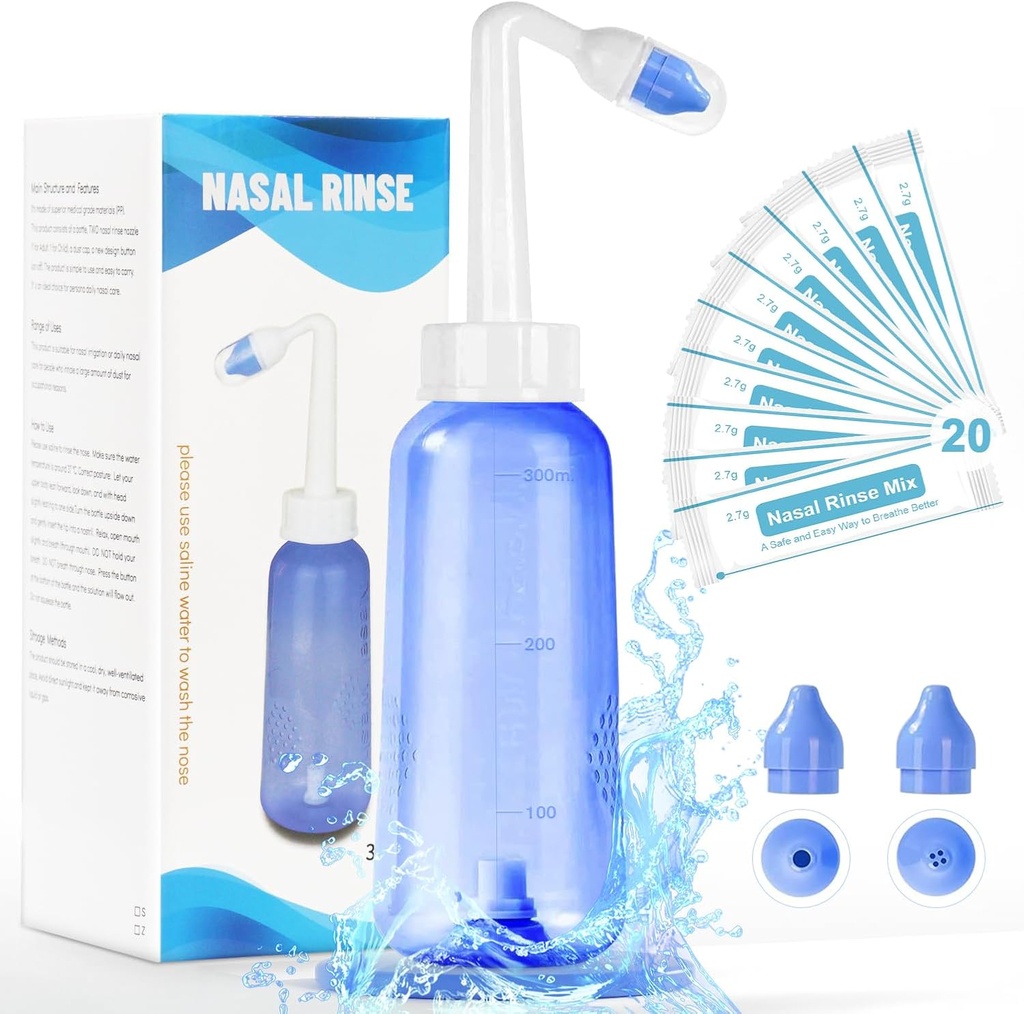 Neti Pot Sinus Rinse Bottle - Gentle Nasal Wash Bottle Nose Cleaner for 효과적인 압력 Irrigatio 300 ML 20 Nasal Wash Salt Packets