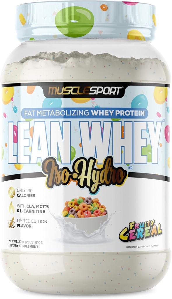 Musclesport Lean Whey RevolutionTM Protein Powder - Whey Protein Isolate - 낮은 칼로리, 낮은 차브, 낮은 지방, 식용 풍미 - 25g Protein per Scoop (2lb, 과일 곡물)