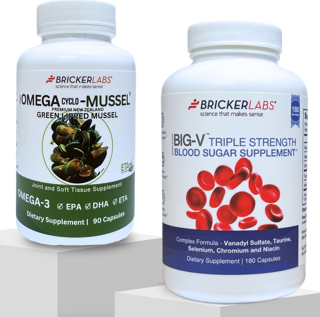 Bricker Labs 합동 안락과 설탕 균형 | 오메가 사이클 Mussel for Joint Health + Big-V Triple Strength Vanadyl for Blood Sugar Support