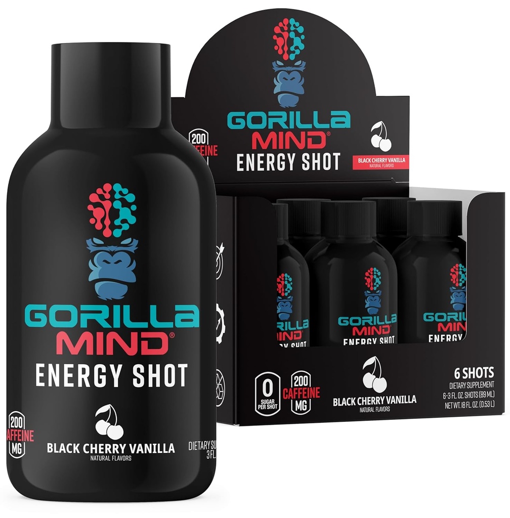 Gorilla Mind Energy Shots (Pack of 6) - 향상된 Focus & Energy, Sugar-Free, Fast-Acting, 비타민 및 천연 추출물 (Black Cherry Vanilla)를 가진 강력한 공식