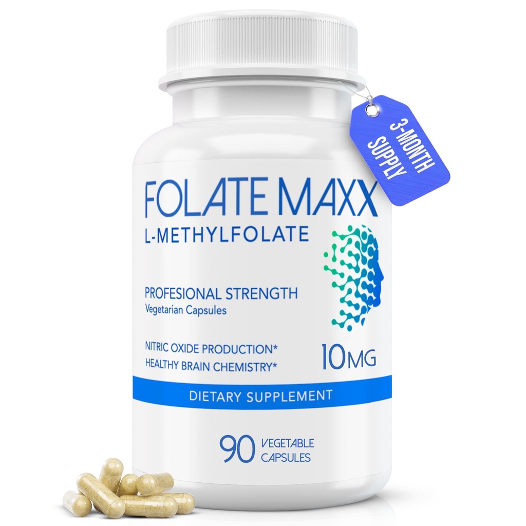 FolateMaxx L-Methylfolate 10mg, 90 캡슐 - 여성 및 남성을위한 의사 공식 메틸 Folate 보충 - 에너지, 계류 및 초점을위한 높은 효능 5-MTHF - 비 GMO, 글루텐 - 무료 (3 개월 공급)
