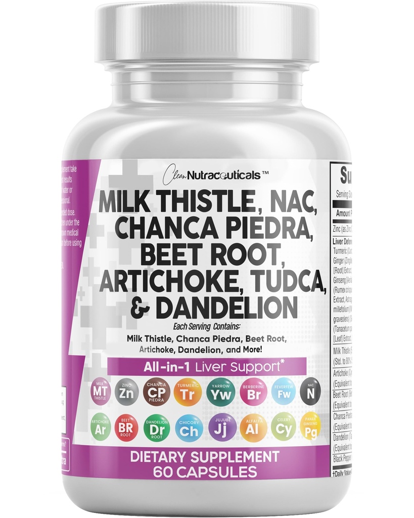 Clean Nutraceuticals 우유 이틀 NAC Chanca Piedra Beet 뿌리 Artichoke Astragalus Dandelion 뿌리 - Liver Cleanse Detox & Repair Supplement Plus TUDCA Choline & Ginger - 1Pack