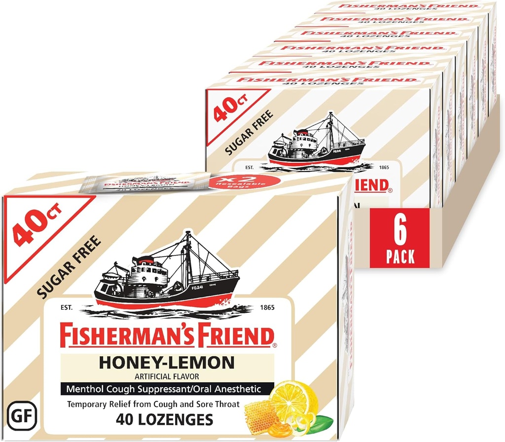 Fisherman's Friend Cough Drops, Cough Suppressant 및 Sore Throat Lozenges, Sugar Free Honey-Lemon, 5.52mg Menthol, 240 Drops (6 팩 40)