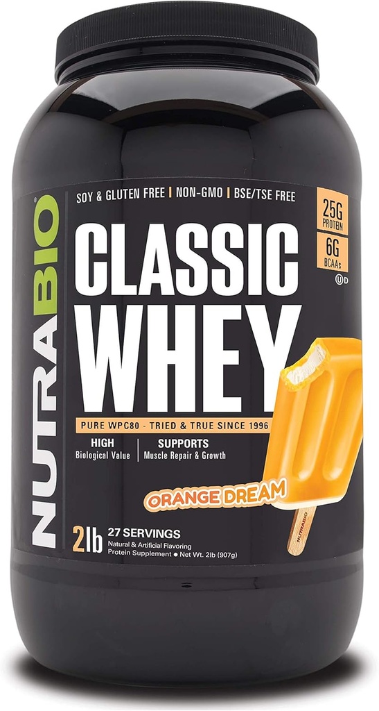NutraBio Classic Whey Protein Powder- 25G of Protein Per Scoop - Full-Spectrum Amino Acid Profile - 필러 없음, 인공 색상, 보존제 - 오렌지 드림, 2 파운드