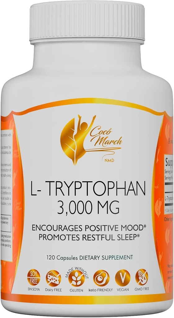 코코 3 월 N.M.D L-Tryptophan 수면 보조 500 mg, 글루텐 무료, 비건, GMO 무료, 유제품 무료, 케토 친화적 인, 콩 무료 - 30 서빙