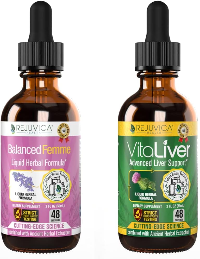Rejuvica Health Balanced Femme + VitaLiver - 더 나은 흡수를위한 지원 여성 균형 + 간호 지원 - 우유 이틀, Dong Quai, Artichoke, Maca, Dandelion & More!
