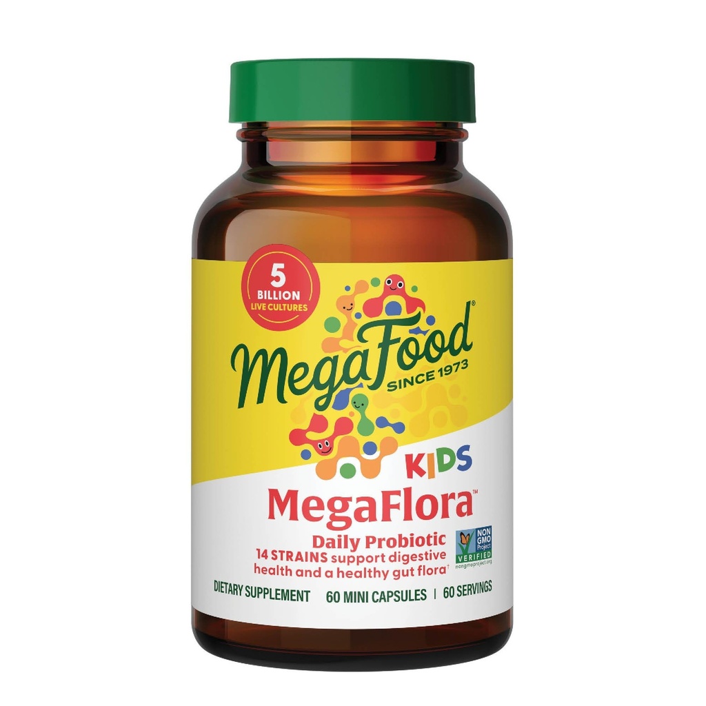 MegaFood MegaFlora Kids Probiotics - 5 억 CFUs - 비 GMO, 채식주의, 9 식품 알레르기없이 만든, 소화 건강을위한 Probiotics - 60 미니 캡슐 (60 인분)