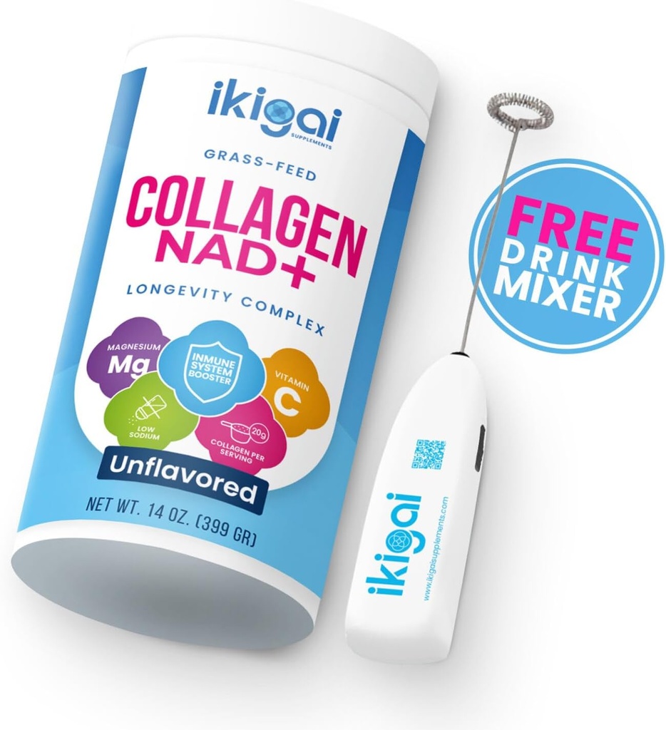 NAD + (30 서빙)와 Ikigai Collagen - 비 GMO, 글루텐 - 무료, Paleo, Kosher - 맛 없음, 무료 음료 믹서 포함