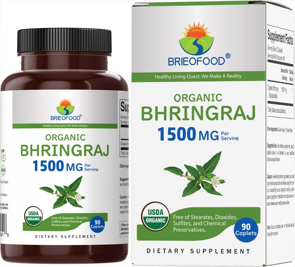 Brieofood 유기 Bhringraj 1500mg, 45 서빙, 채식, 글루텐 무료, 90 채식 정제