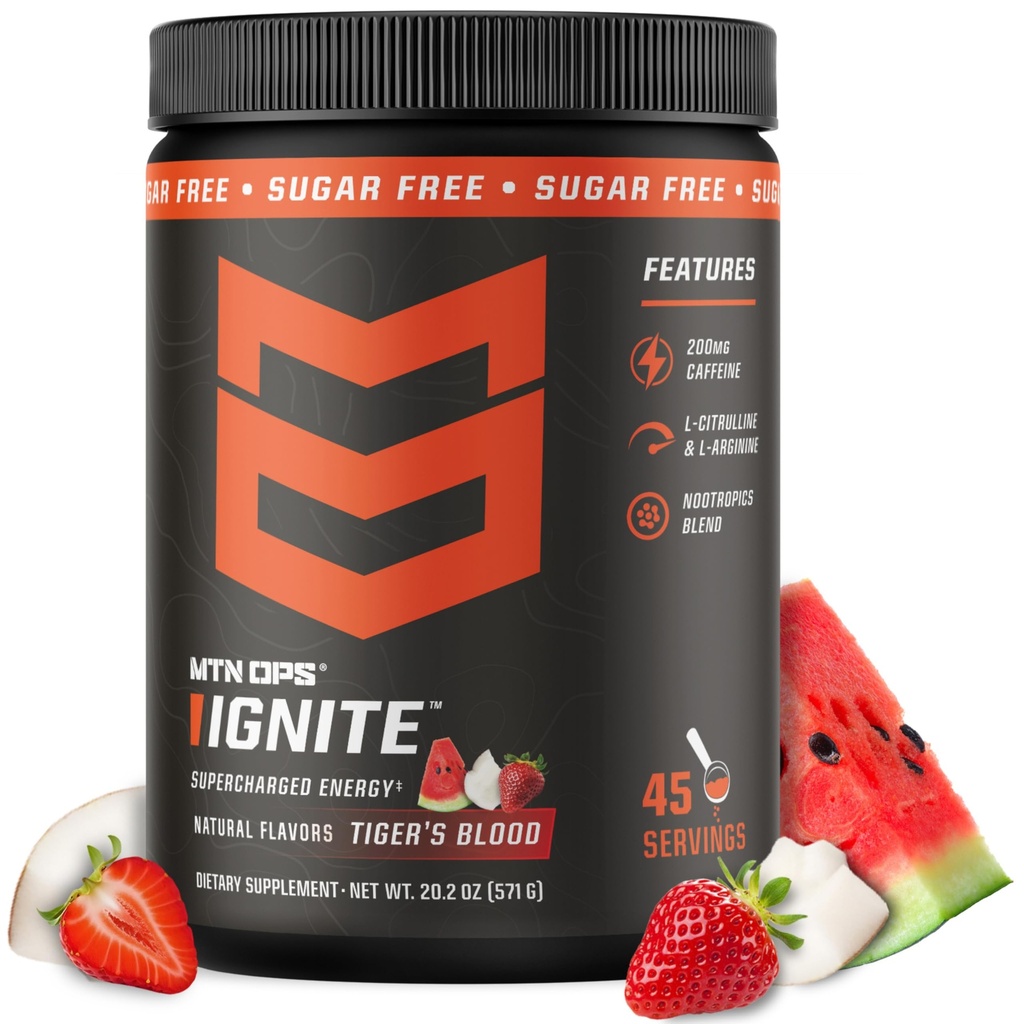 MTN OPS Ignite 에너지 음료 분말, 글루텐 자유로운 Nootropic 보충교재 음료 혼합, L 아르기닌, L Citrulline, 카페인 & Nootropic 설탕 자유로운 음료 혼합, 45의 서빙, 호랑이의 혈액