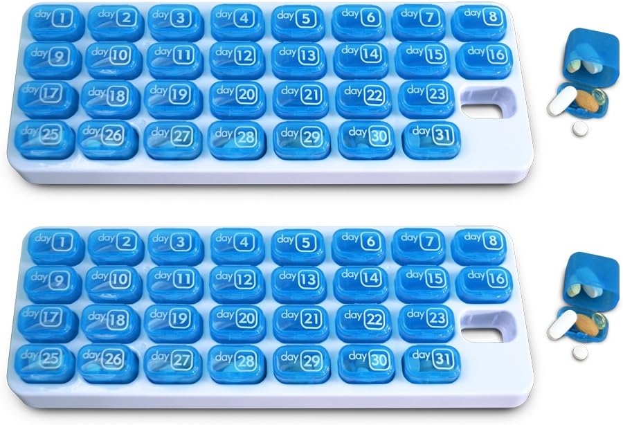 31 일 월간 알약 주최자 Pop Out Pocket Pill Pods and Storage Tray for Vitamins, 보충제, 홈, 일 또는 여행 - 2 Pack Blue