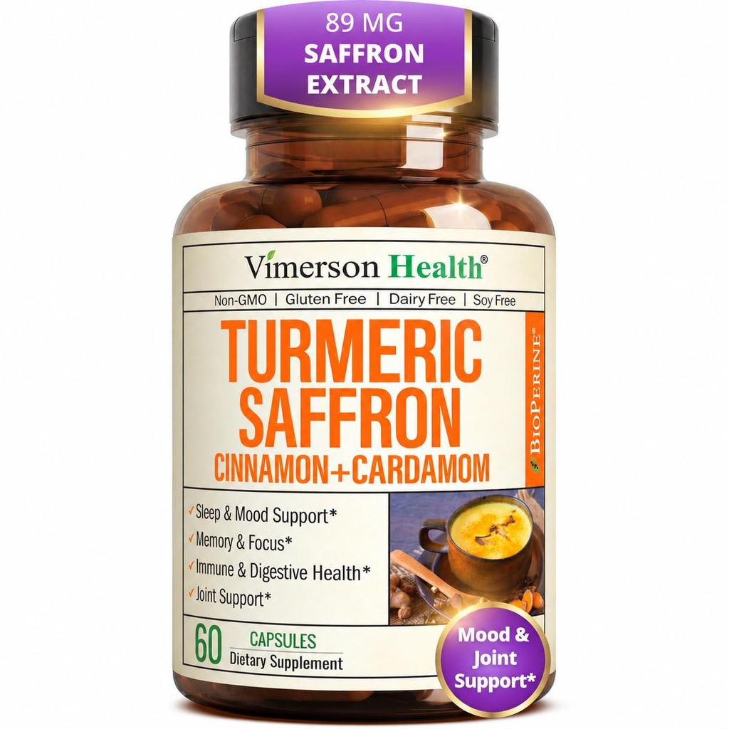 Saffron 보충제 - 89mg Saffron 추출물 및 1000mg Tumeric Blend - Ceylon Cinnamon과 Cardamom을 가진 심황 보충, 기억 및 눈 건강 - 여성 및 남성을위한 공동 보충제 - 60 카운트