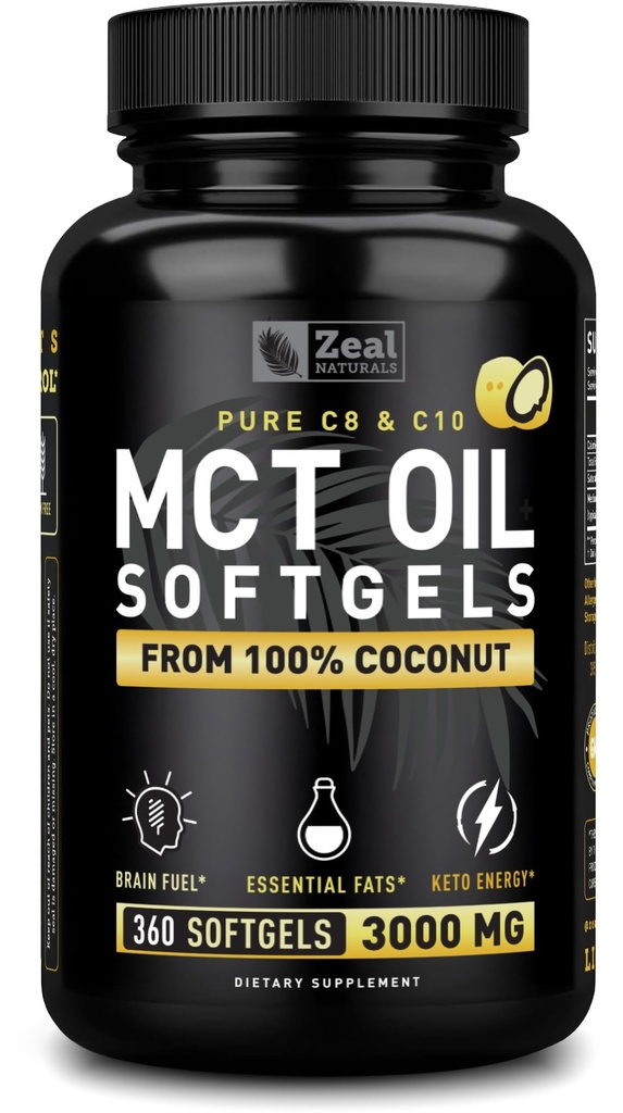 순수한 MCT 기름 캡슐 (360 Softgels | 3000mg) 4 달 공급 Keto 알약 w Unrefined 코코넛 - C10 & C8 뇌 연료, 에너지, Octane Ketosis
