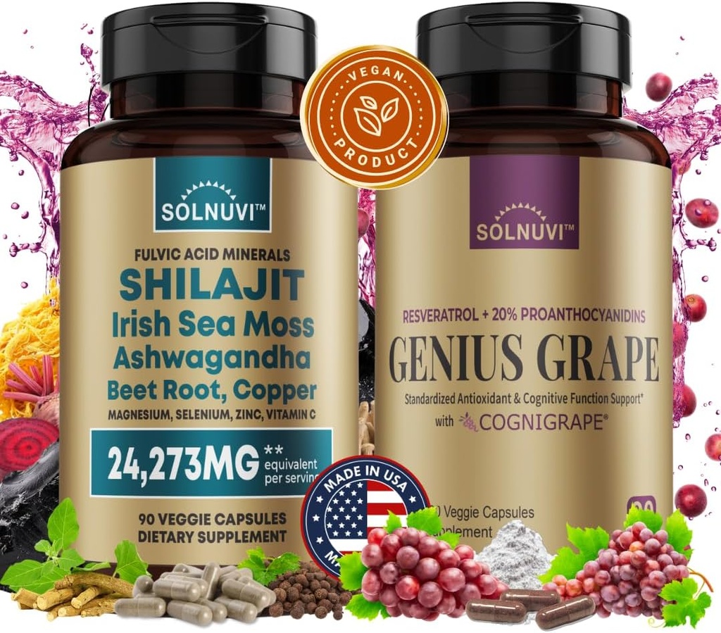 Cognitive Wellness Bundle - Resveratrol Complex & Shilajit Fulvic Acid Minerals - Sea Moss, Ashwagandha, 임상 시험 Cognigrape Red Grape Extract - Non-GMO, 글루텐 프리, 비건 보충