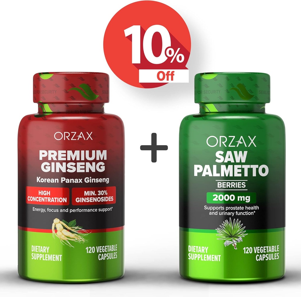 ORZAX 인삼, 30 % Ginsenosides 120 Vegatable 캡슐과 톱 Palmetto 2000 mg 120 야채 캡슐, 번들