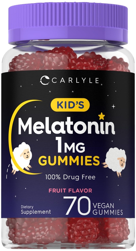 Carlyle Kids Melatonin Gummies | 1 mg 70 카운트 | 과일 맛 거미 | Vegan, Non-GMO, 글루텐 무료