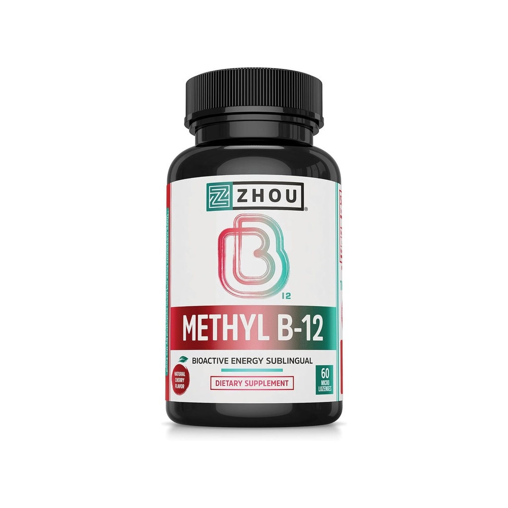 Zhou 메틸 B12 - 여성 & 남자를 위한 메틸 B-12 보충교재, 비타민 B12 5000 mcg, Vegan 친절한, 세포 에너지 및 Nerve 기능 지원, Methylcobalamin - 60 마이크로 Lozenges