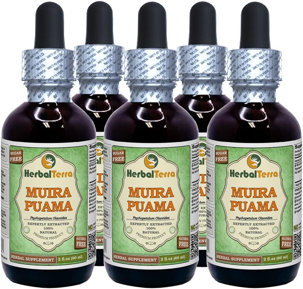Muira Puama (Ptychopetalum Olacoides) Glycerite, 유기 알콜 자유로운 액체 추출물 (브랜드 이름: HerbalTerra, 미국에서 Proudly 만드는) 5x2 fl.oz (5x60 ml)