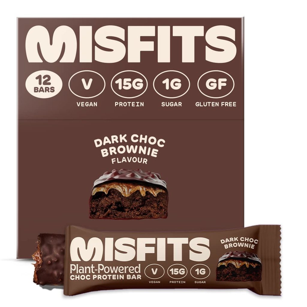 Misfits Vegan Protein Bar, Dark Chocolate Brownie - OriginalRecipes | 글루텐 프리, 공장 기반, 낮은 설탕 및 캐비넷, 높은 섬유 스낵 | 12 팩