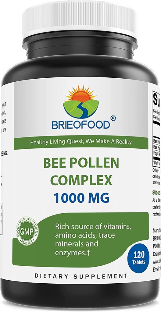 Brieofood Bee Pollen Complex 1000 mg 120 정제 - Bee Pollen, Bee Propolis 및 Royal Jelly Powder로 제작되었습니다.