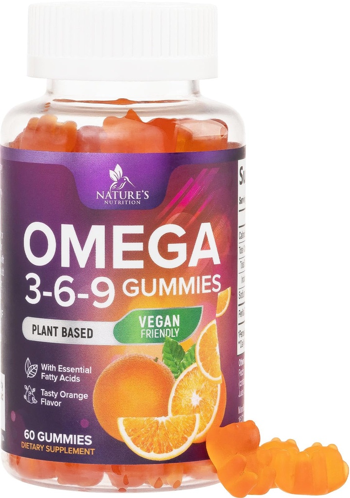 오메가 3 6 9 Gummies - Vegan 오메가 3 보충 거미 - Essential Fatty Acid Oil 369 Complex Heart Support & Brain Support for Women, Men & Pregnancy, Fish Free Non-GMO, 오렌지 맛 - 60 구미