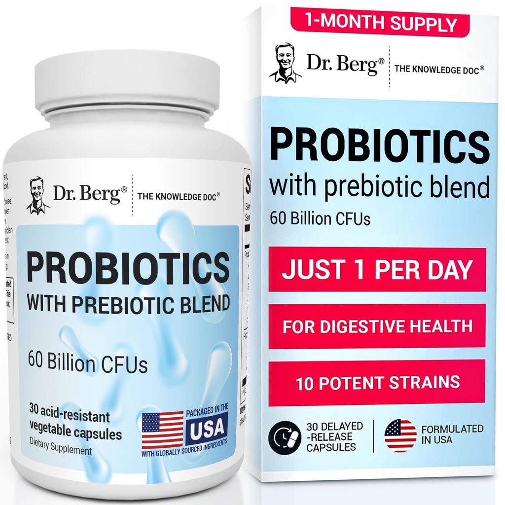 Dr. Berg Probiotic Supplement (60 억 CFUs) - Ease Occasional Constipation, Diarrhea, Gas & Bloating* - 소화 건강을위한 사전 및 Probiotics - 30 Probiotic 캡슐