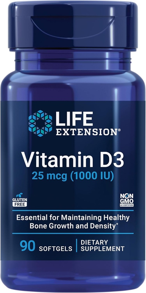 생활 연장 비타민 D3 25 mcg (1000 IU), 면역 체계 지원, 뼈 건강, 전체 바디 건강, 가치 크기, 글루텐 자유로운, 비 GMO, 90 softgels
