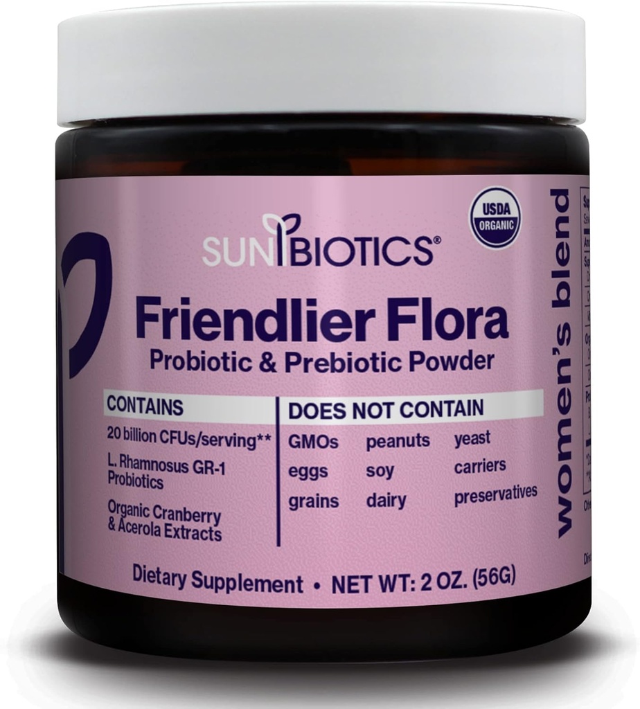 SUNBIOTICS Friendlier Flora - 여성 블렌드, 6 Probiotic Strains의 20 억 CFUs, 여성 일일 소화 질 & 면역 건강, 비 GMO 및 글루텐 무료, 2 Ounce